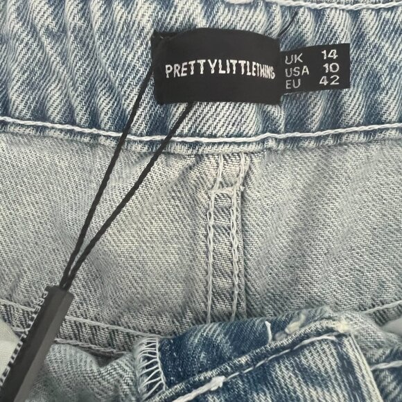 PrettyLittleThing Jeans High Waist Light Wash Side Open Slit Sz 10 Frayed Biker - Picture 6 of 8